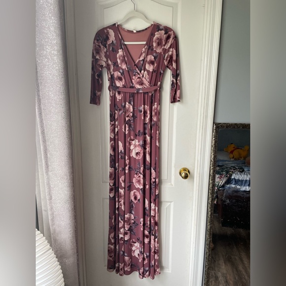 PinkBlush Mauve Abstract Floral Sash Tie Maternity/Nursing Maxi Dress - Picture 2 of 4